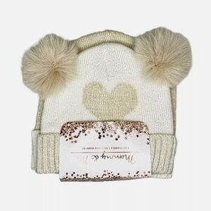 MOMMY & ME 1 ADULT Sized Cream & 1 CHILD Sized Cream HEART & POM POM Beanie SET